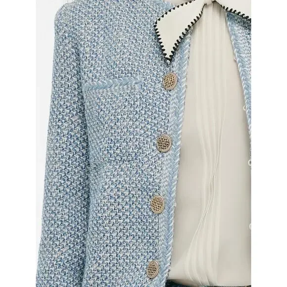 Goelia Tweed Round Neck Jacket Blue White Jacquard - Picture 5 of 13